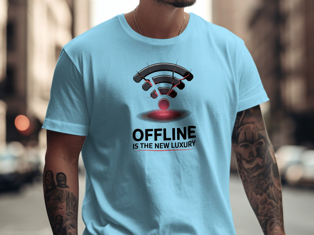 men wearing social media awareness t-shirt with cracked wifi “offline is the new luxury” graphic