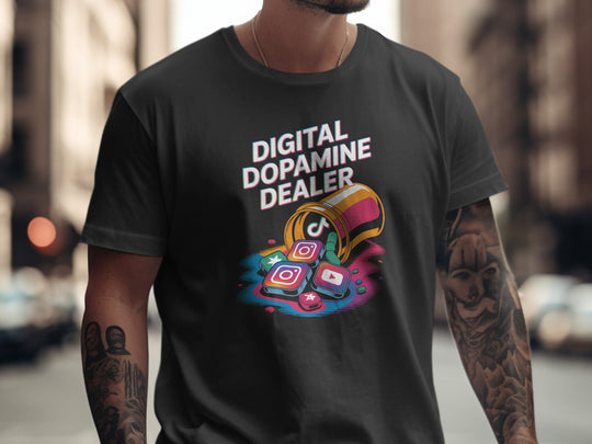 Person wearing a black t-shirt with 'Digital Dopamine Dealer' graphic design.
