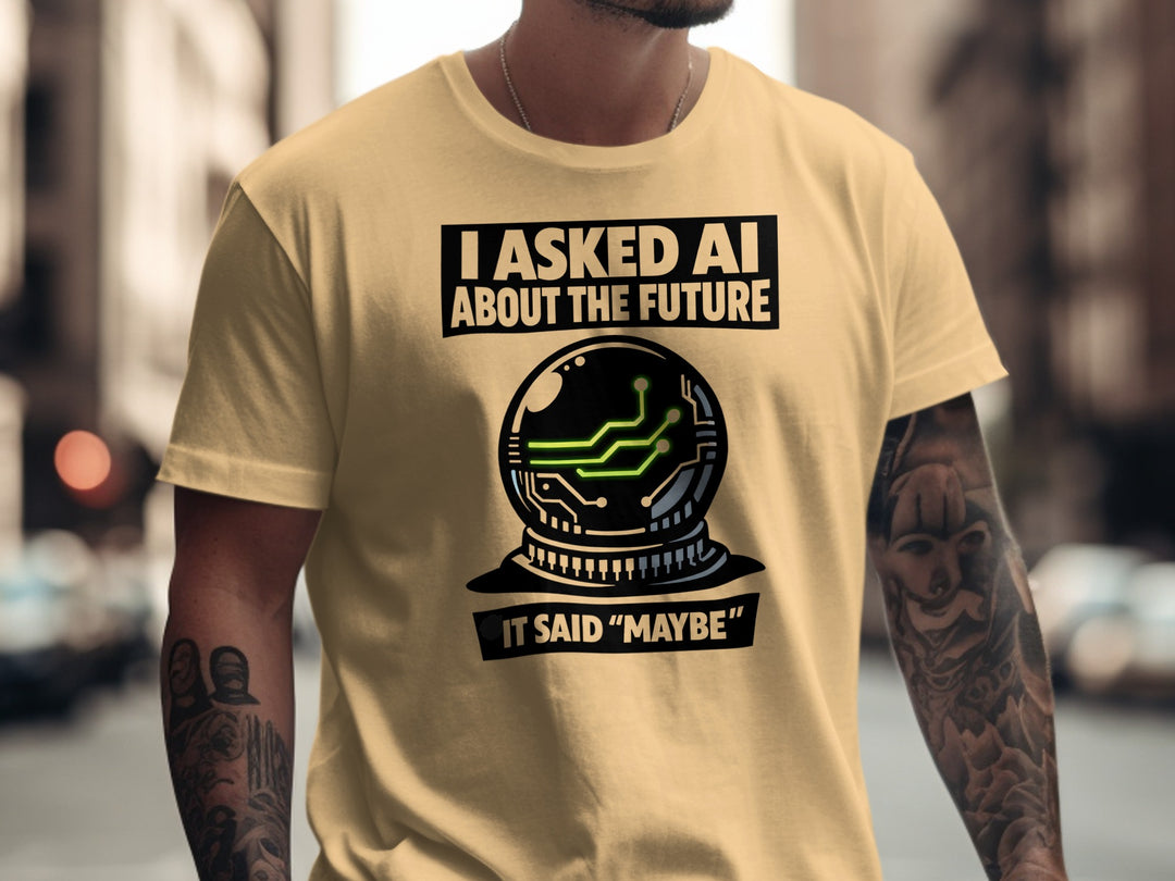 Person wearing a beige t-shirt with a graphic and text about AI and the future.