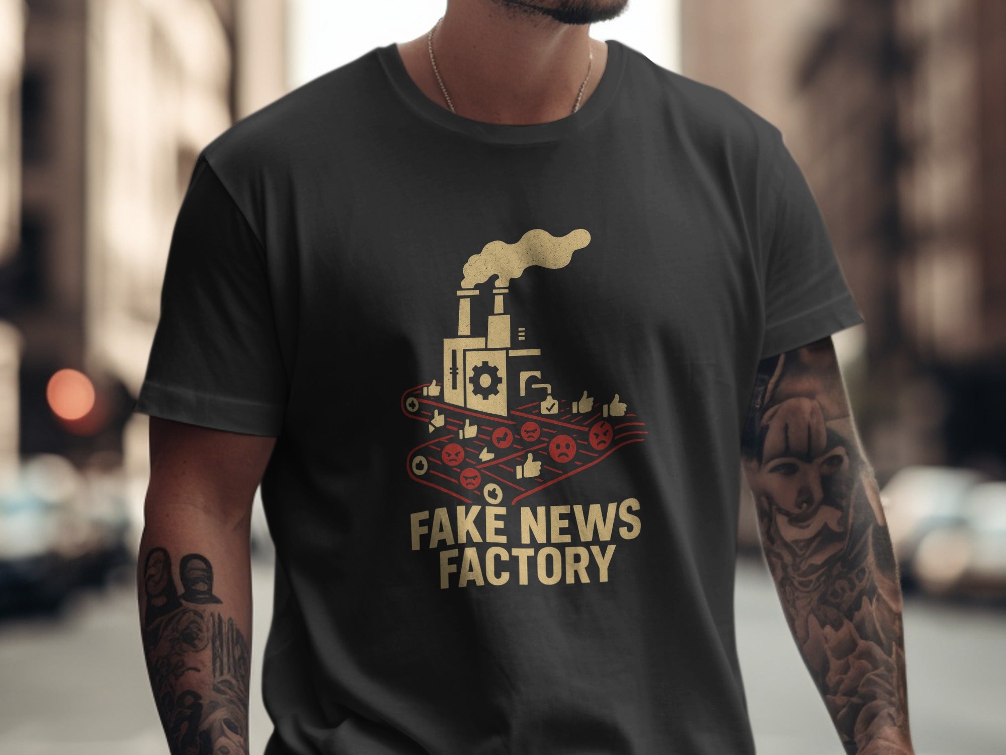 Person wearing a black t-shirt with 'Fake News Factory' graphic design.