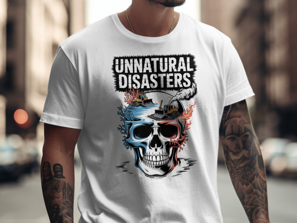 Person wearing a white t-shirt with a skull design and 'Unnatural Disasters' text.