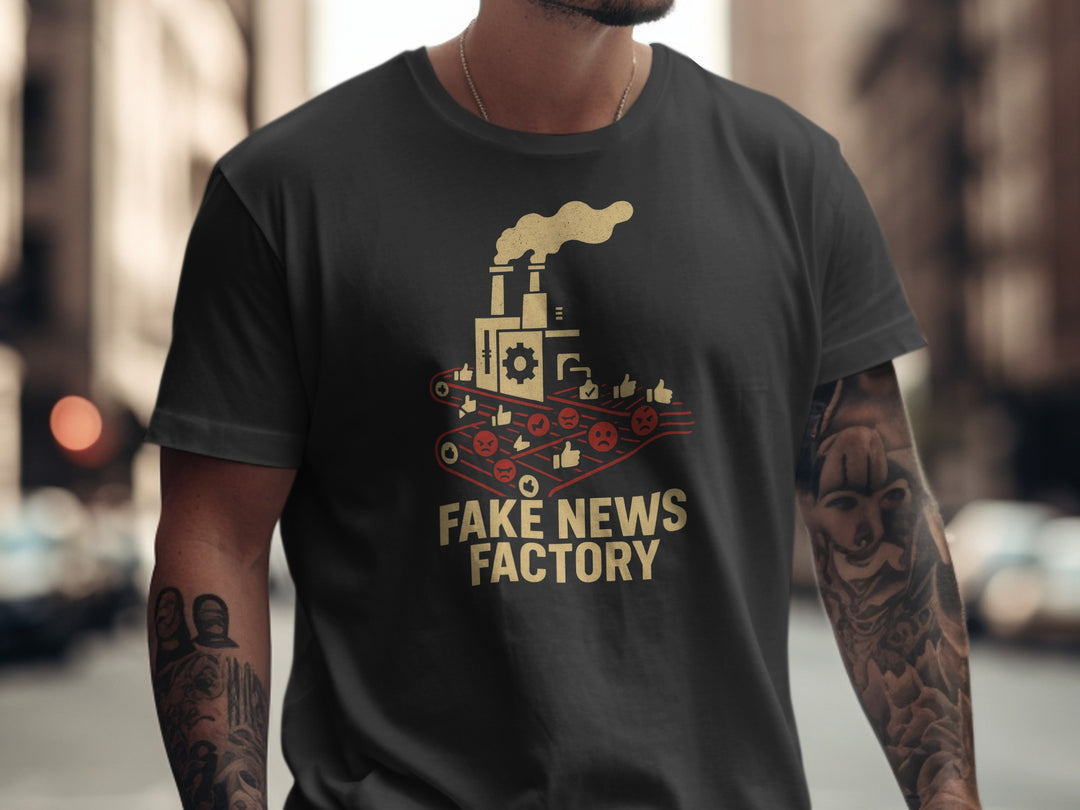 Person wearing a black t-shirt with 'Fake News Factory' graphic design.
