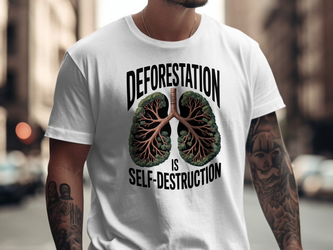 Person wearing a white t-shirt with a graphic and text 'Deforestation is Self-Destruction' on a city street.