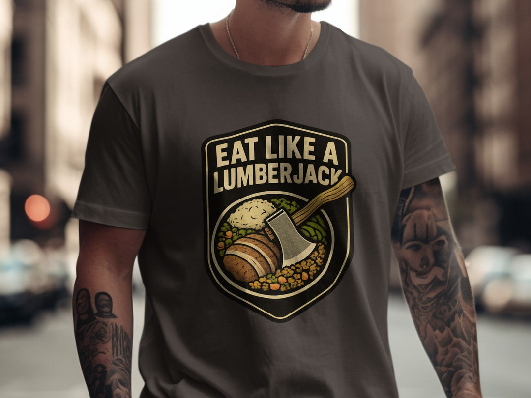 Lumberjack Thanksgiving T-shirt with axe over plate badge; “Eat Like a Lumberjack”