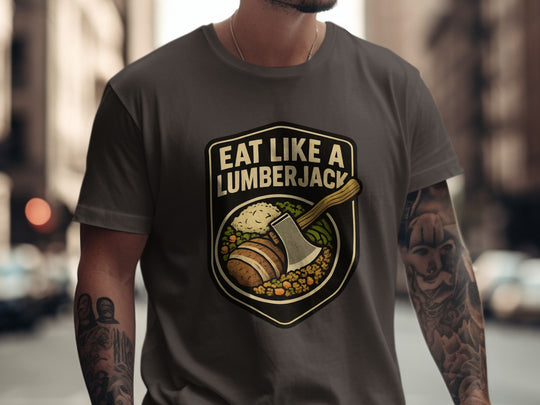 Lumberjack Thanksgiving T-shirt with axe over plate badge; “Eat Like a Lumberjack”
