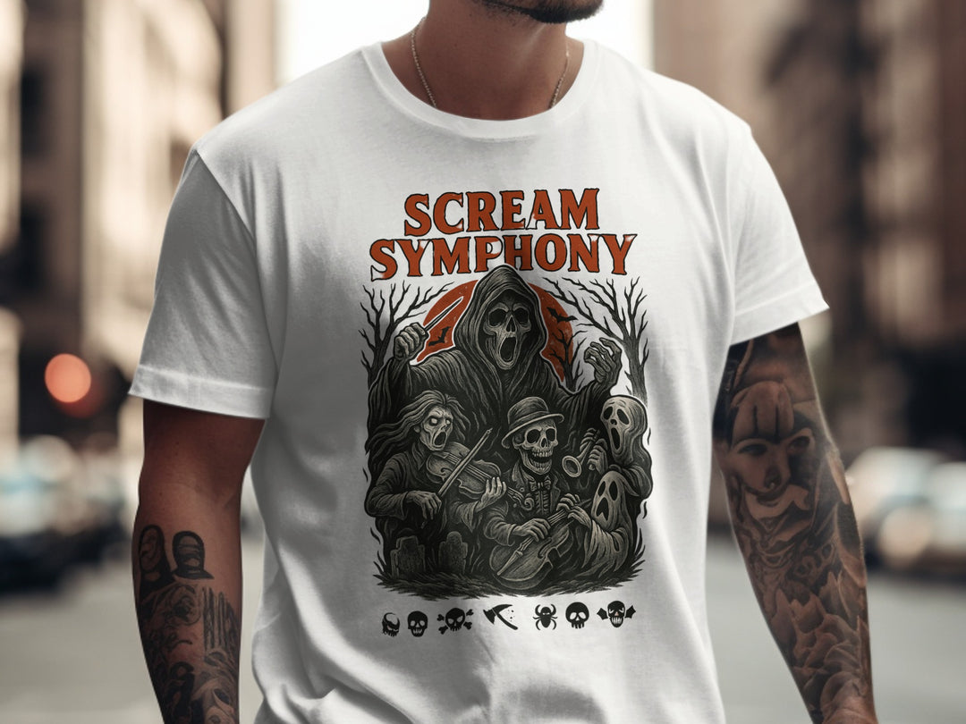 Person wearing a white t-shirt with 'Scream Symphony' graphic design.