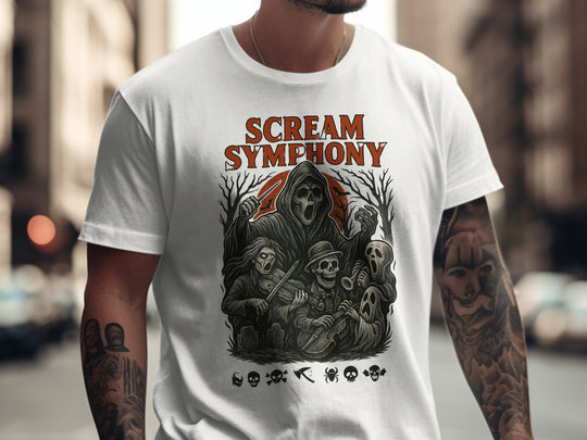 Person wearing a white t-shirt with 'Scream Symphony' graphic design.
