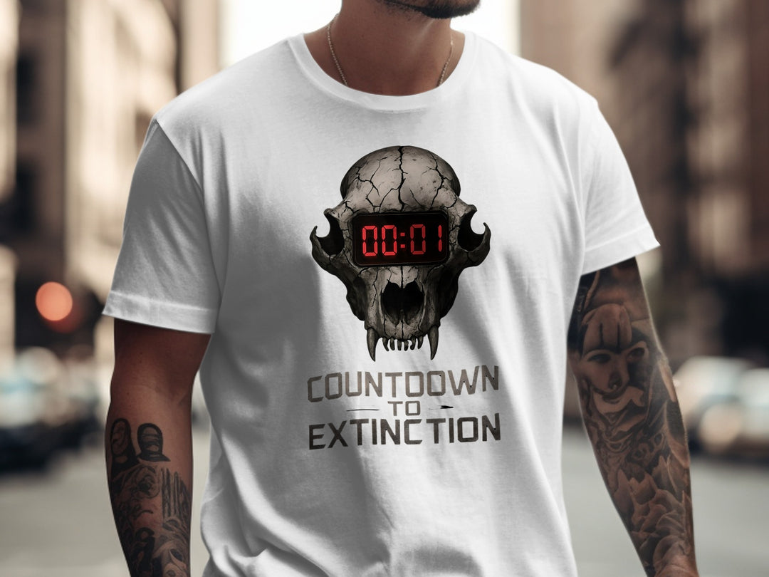 Person wearing a white t-shirt with a skull and timer design, text 'Countdown to Extinction', on a blurred city street background.