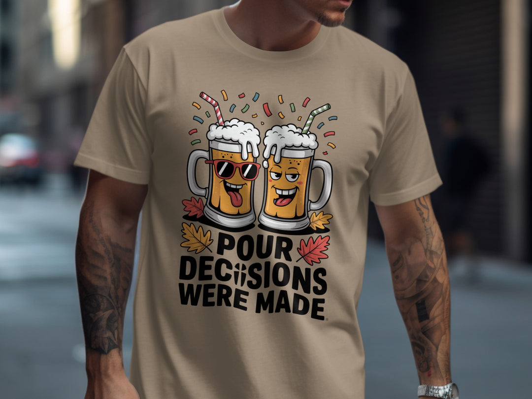 Beige t-shirt with cartoon beer mugs and text on a blurred street background