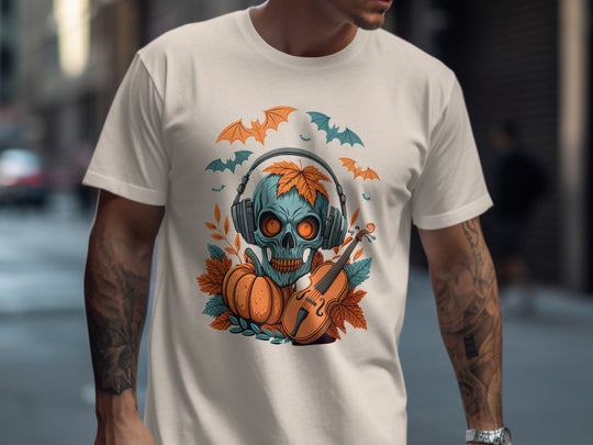 Person wearing a natural t-shirt with a colorful skull and violin design.