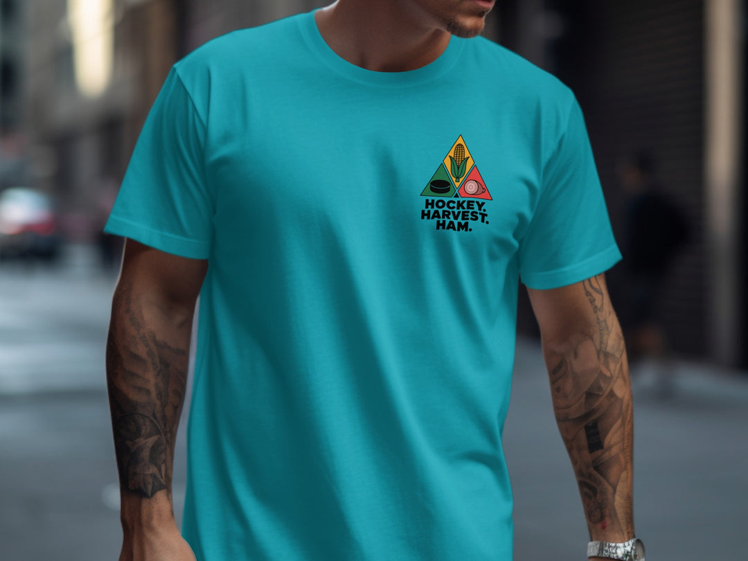Thanksgiving hockey t-shirt with corn, puck, and ham triangle graphic for men