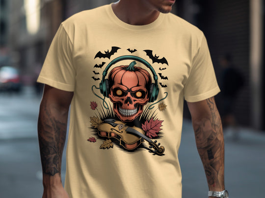 Person wearing a yellow t-shirt with a skull, headphones, and violin design.