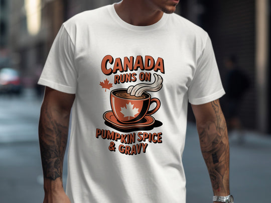 canadian thanksgiving t-shirt with maple cup “pumpkin spice & gravy” design for men