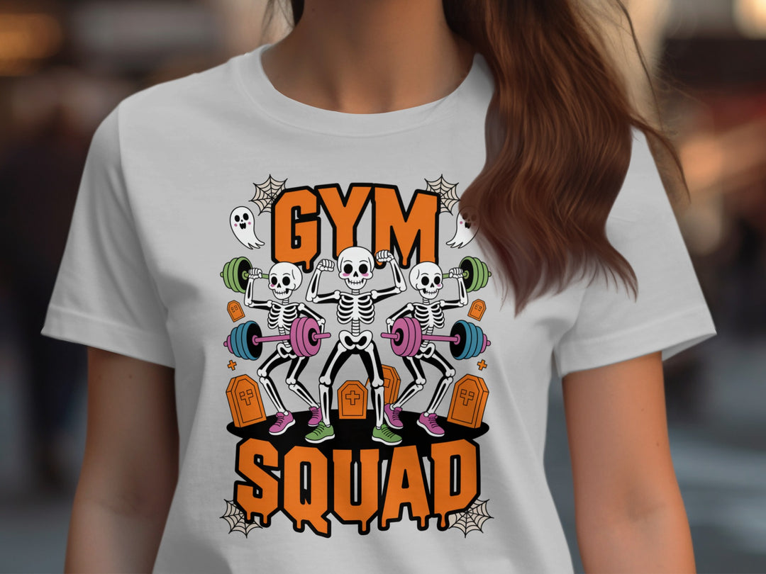 Women’s Halloween T-Shirt with Gym Squad skeleton weightlifting graphic
