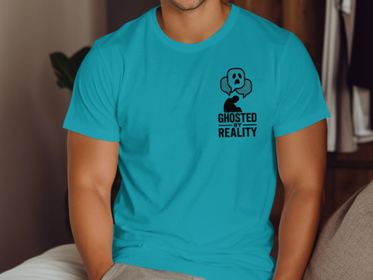 Person wearing a blue t-shirt with a graphic design and text.