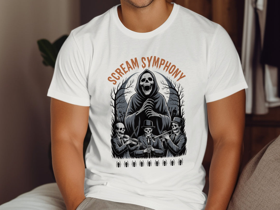 Person wearing a white t-shirt with 'Scream Symphony' graphic design.