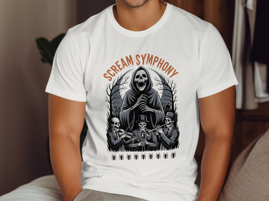 Person wearing a white t-shirt with 'Scream Symphony' graphic design.