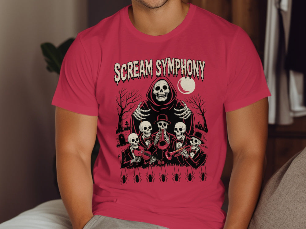 Person wearing a red t-shirt with 'Scream Symphony' graphic design.
