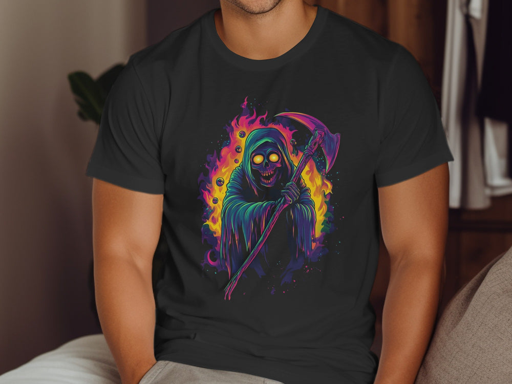 Person wearing a black t-shirt with a colorful graphic design of a hooded figure holding an axe.