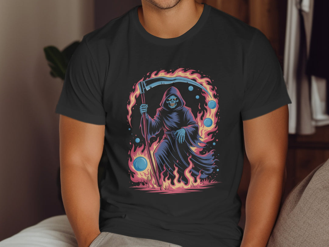 Person wearing a black t-shirt with a graphic design of a stylized Grim Reaper holding a scythe.