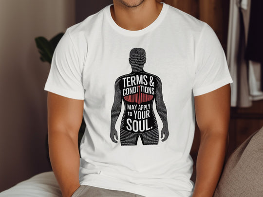 Person wearing a white t-shirt with a graphic design and text.