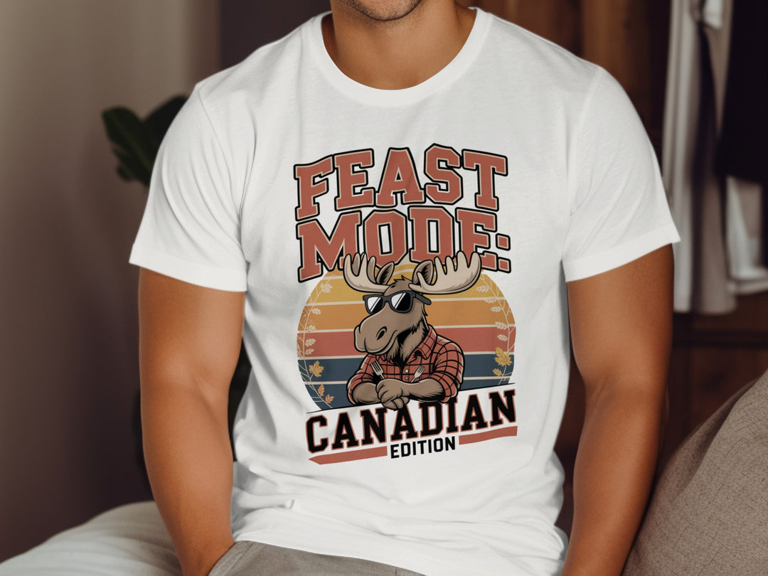 canadian thanksgiving t-shirt with feast mode moose graphic for men