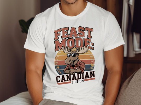 canadian thanksgiving t-shirt with feast mode moose graphic for men