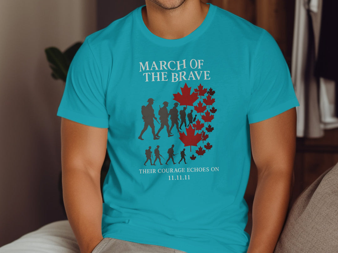 Person wearing a blue t-shirt with 'March of the Brave' design