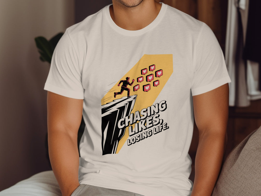 Person wearing a natural color t-shirt with a graphic design and text.