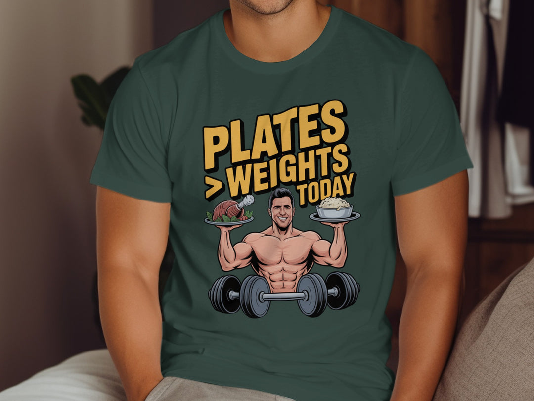 Thanksgiving men’s T-shirt with bodybuilder holding turkey and mashed potatoes; “Plates > Weights Today” text