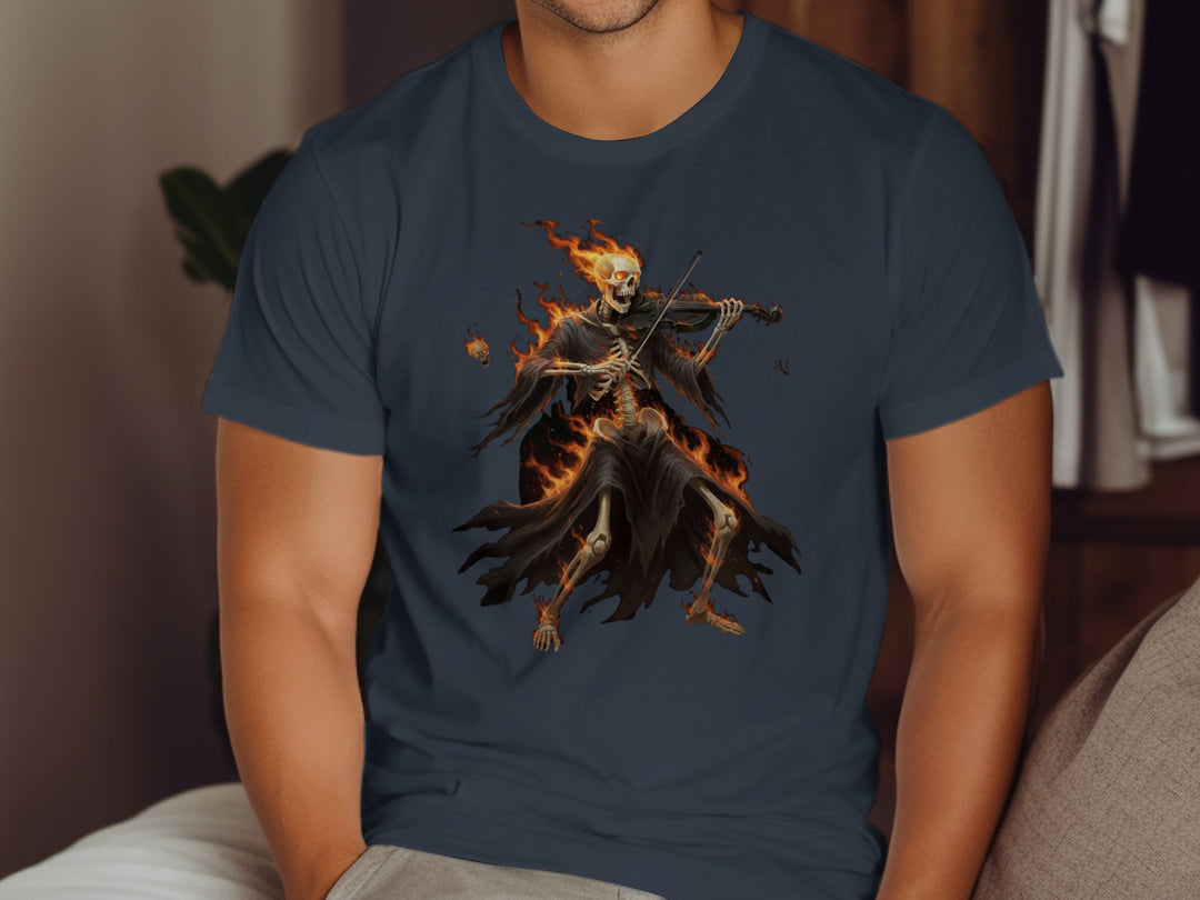 Person wearing a navy blue t-shirt with a fiery skeleton design.