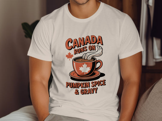 canadian thanksgiving t-shirt with maple cup “pumpkin spice & gravy” design for men