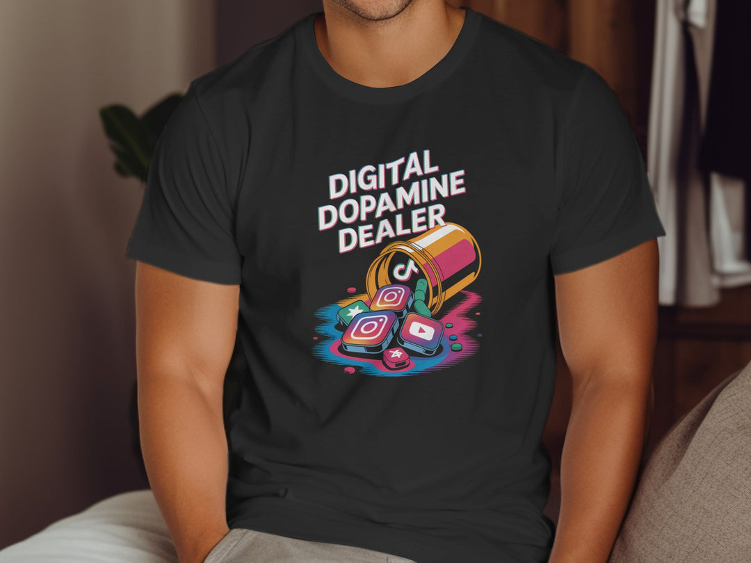 Person wearing a black t-shirt with 'Digital Dopamine Dealer' graphic design.
