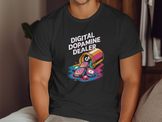 Person wearing a black t-shirt with 'Digital Dopamine Dealer' graphic design.