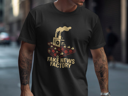 Person wearing a black t-shirt with 'Fake News Factory' graphic design.