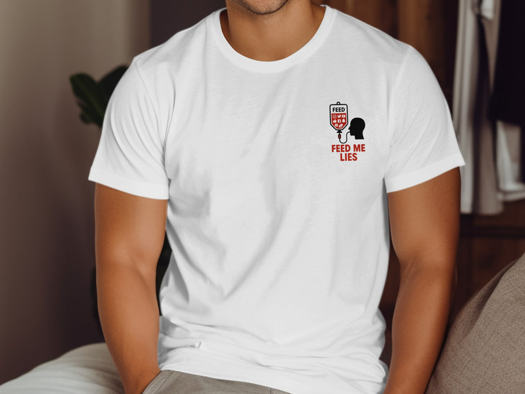 Person wearing a white t-shirt with a graphic design and text.