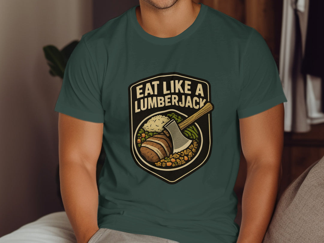 Lumberjack Thanksgiving T-shirt with axe over plate badge; “Eat Like a Lumberjack”