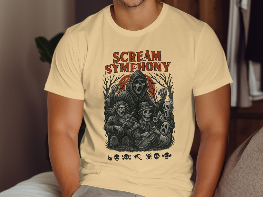 Person wearing a beige t-shirt with 'Scream Symphony' graphic design.