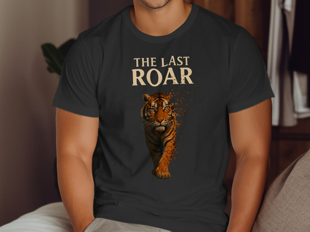 Person wearing a black t-shirt with a tiger graphic and 'The Last Roar' text.