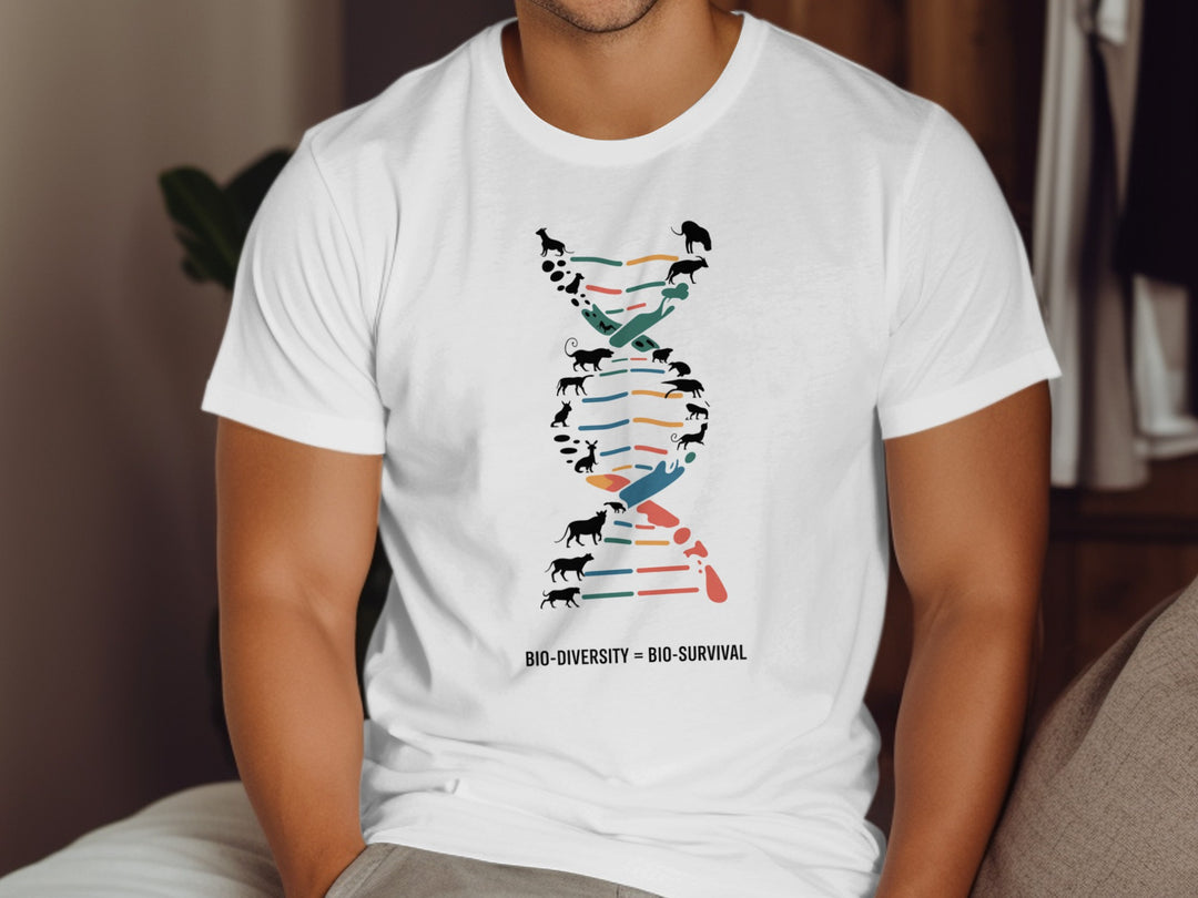 Person wearing a white t-shirt with a colorful DNA graphic and text.