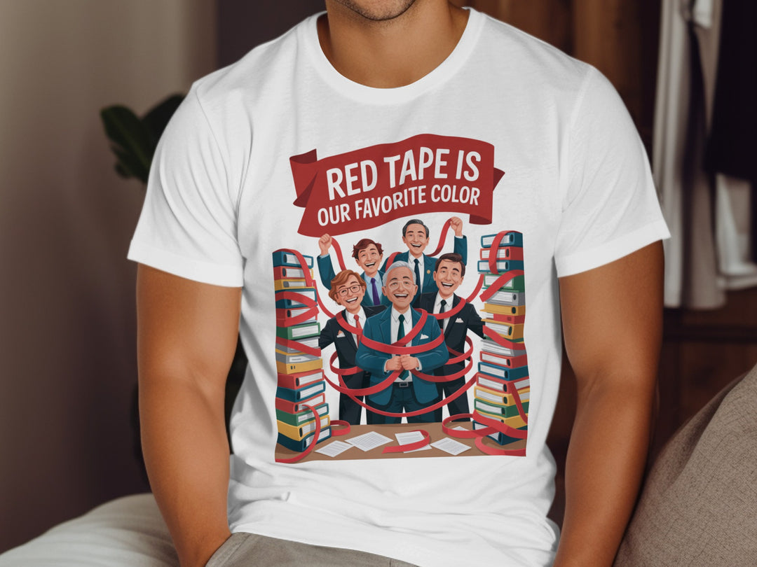 Person wearing a white t-shirt with a graphic design and text.