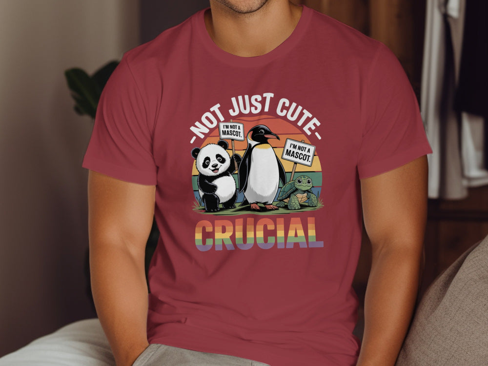 Person wearing a red t-shirt with a graphic of a panda, penguin, and sloth with text 'Not Just Cute, Crucial'.