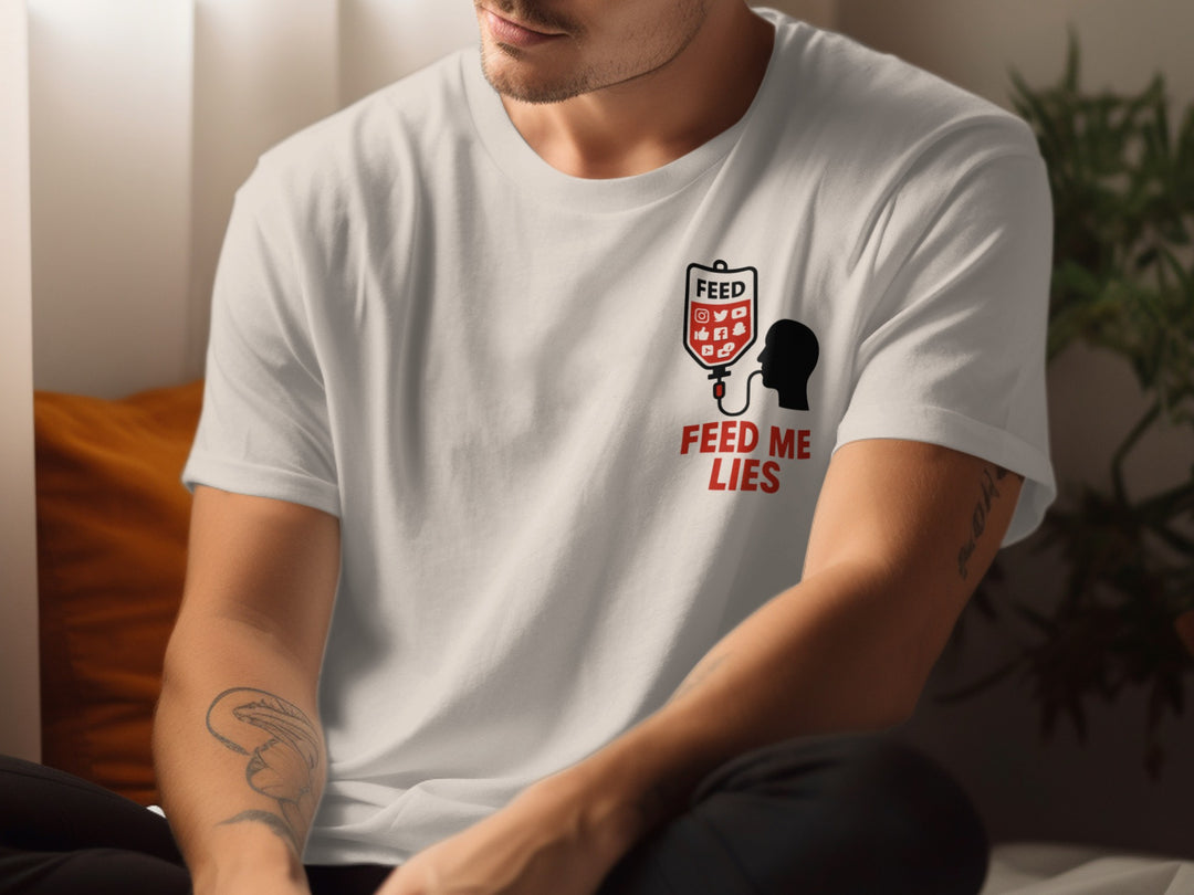 Person wearing a natural color t-shirt with a graphic design and text.