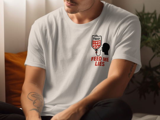 Person wearing a natural color t-shirt with a graphic design and text.