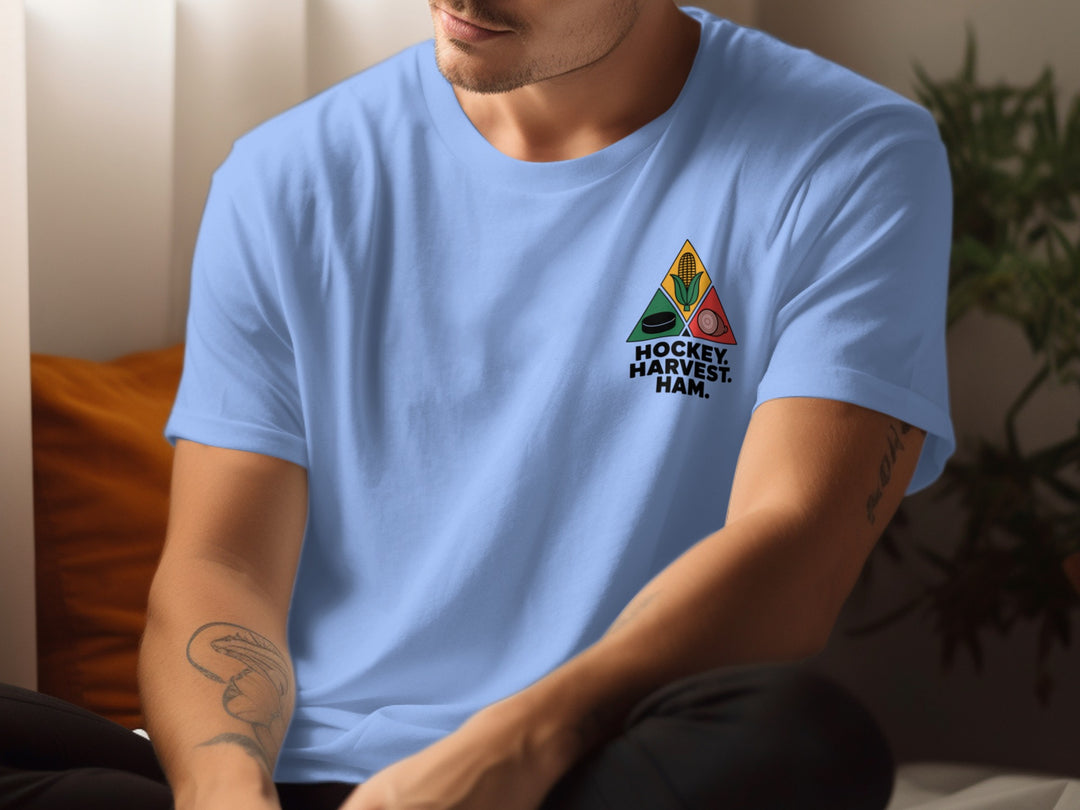 Thanksgiving hockey t-shirt with corn, puck, and ham triangle graphic for men