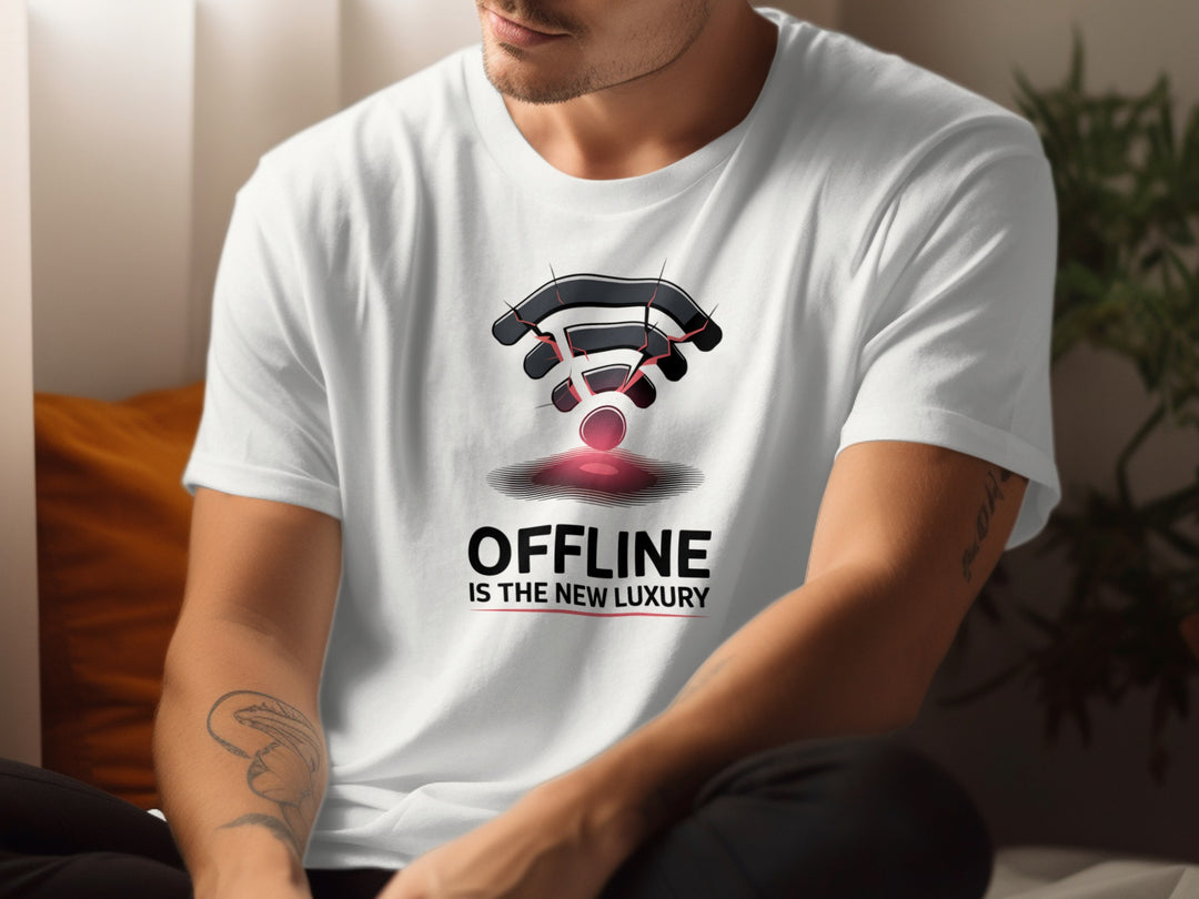 men wearing social media awareness t-shirt with cracked wifi “offline is the new luxury” graphic