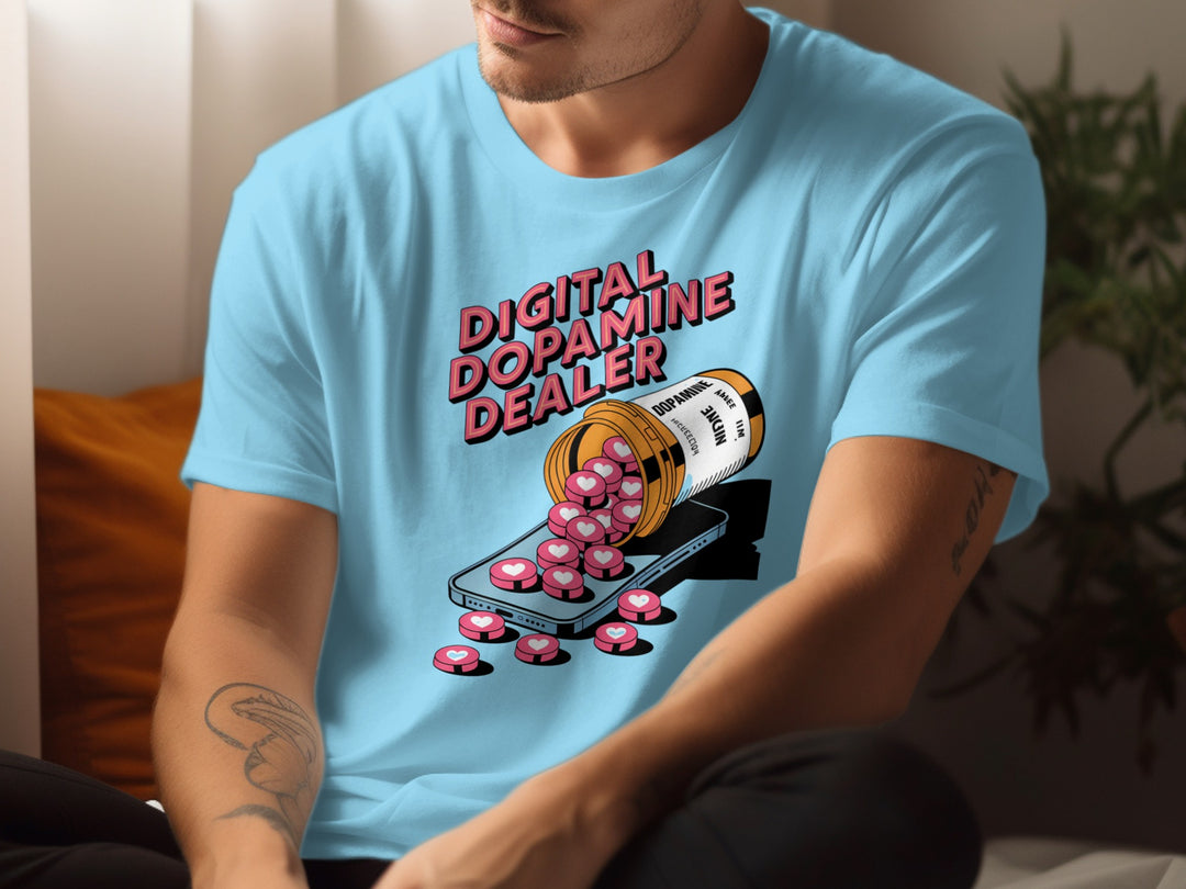 Person wearing a light blue t-shirt with a graphic design and text.