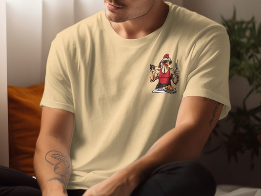 Thanksgiving gym t-shirt with muscle bird lifting dumbbell and holding fork/knife