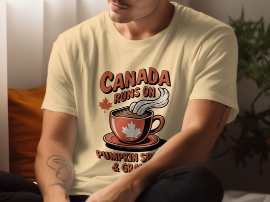 canadian thanksgiving t-shirt with maple cup “pumpkin spice & gravy” design for men