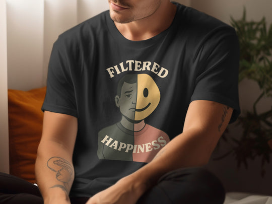 Person wearing a black t-shirt with a graphic design and text.